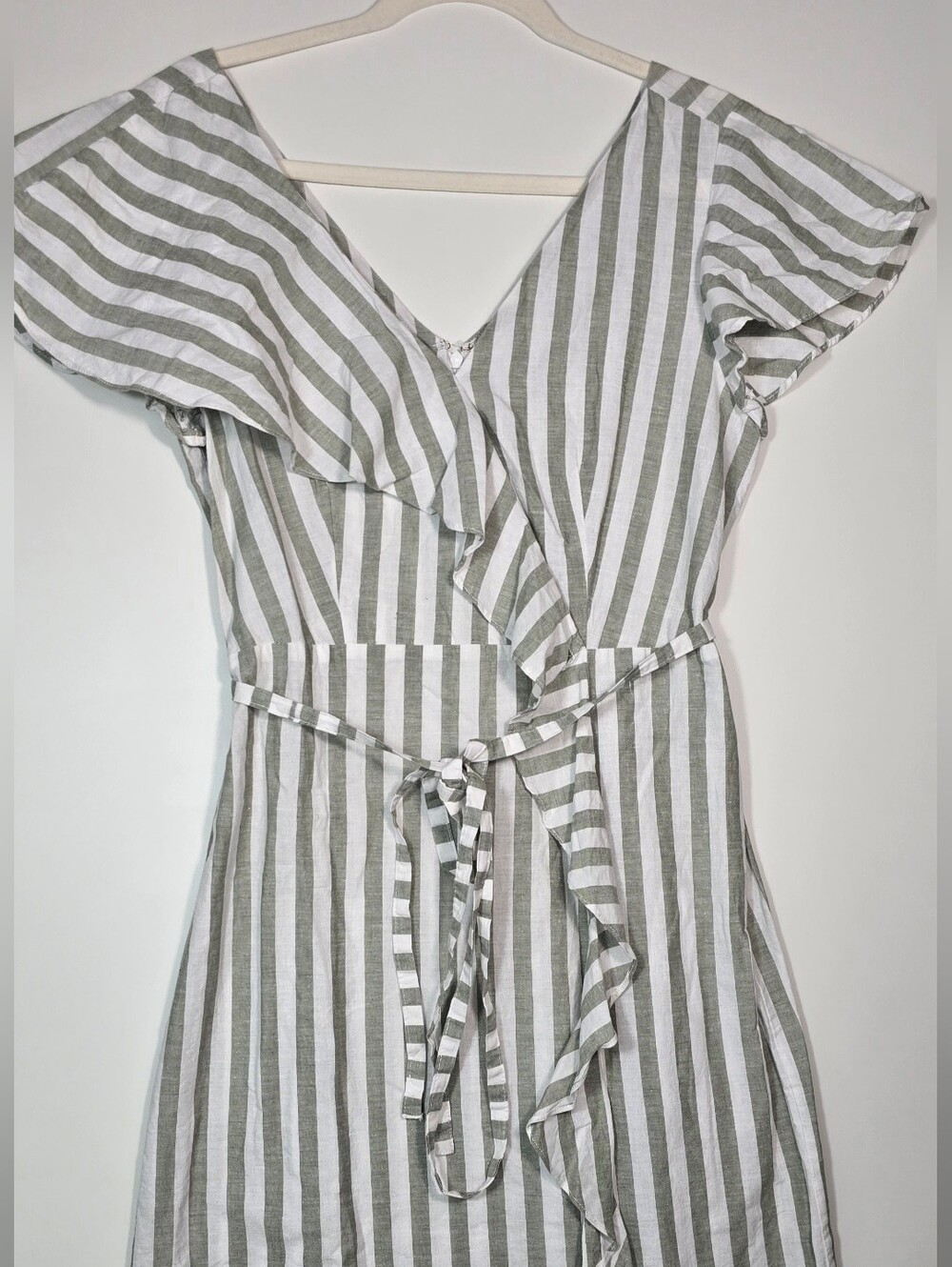 Hope & Harlow Striped Wrap Midi Dress in Sage and White